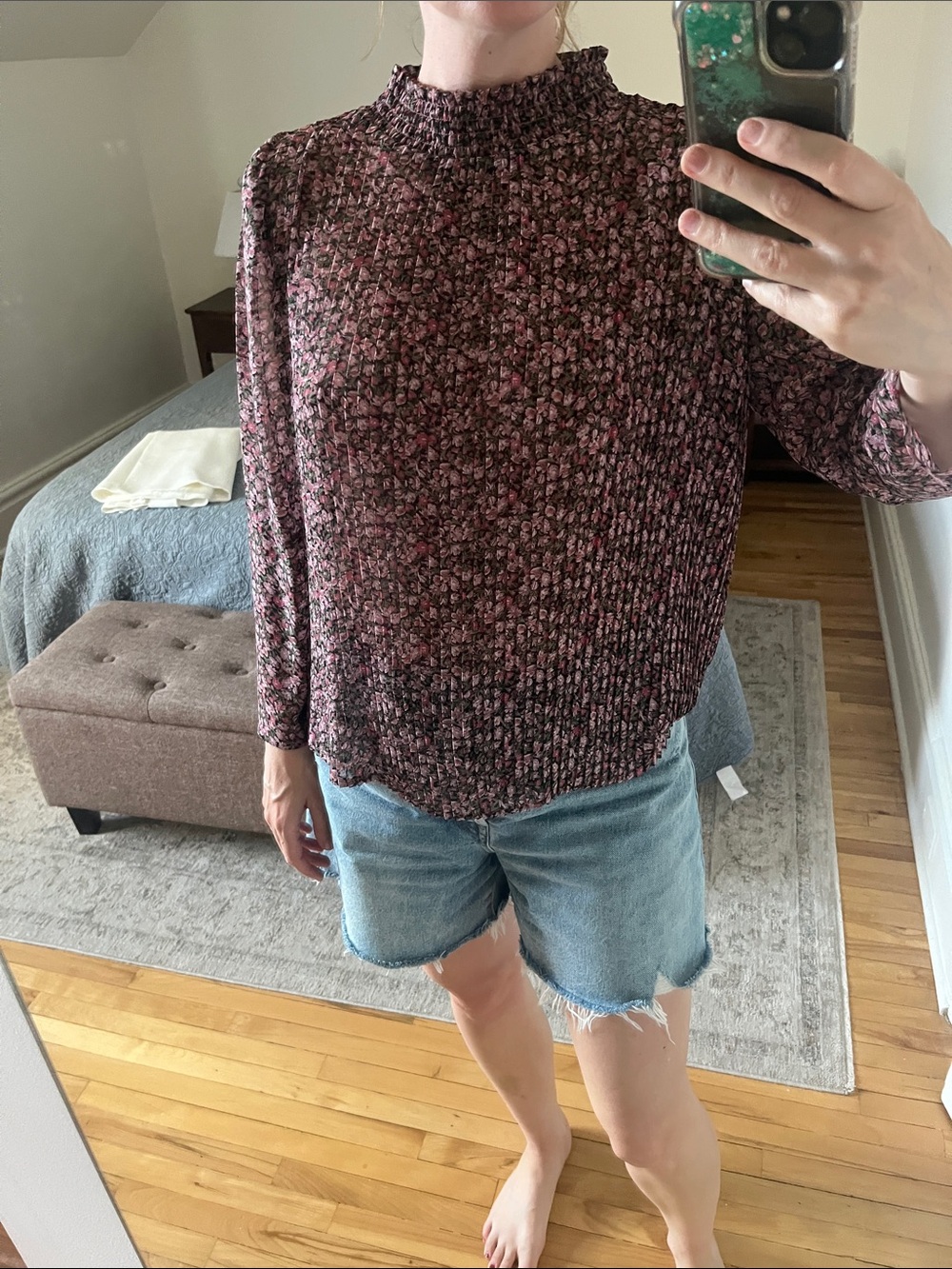Mango Black and Pink Floral Smocked-Neck Long Sleeve Top